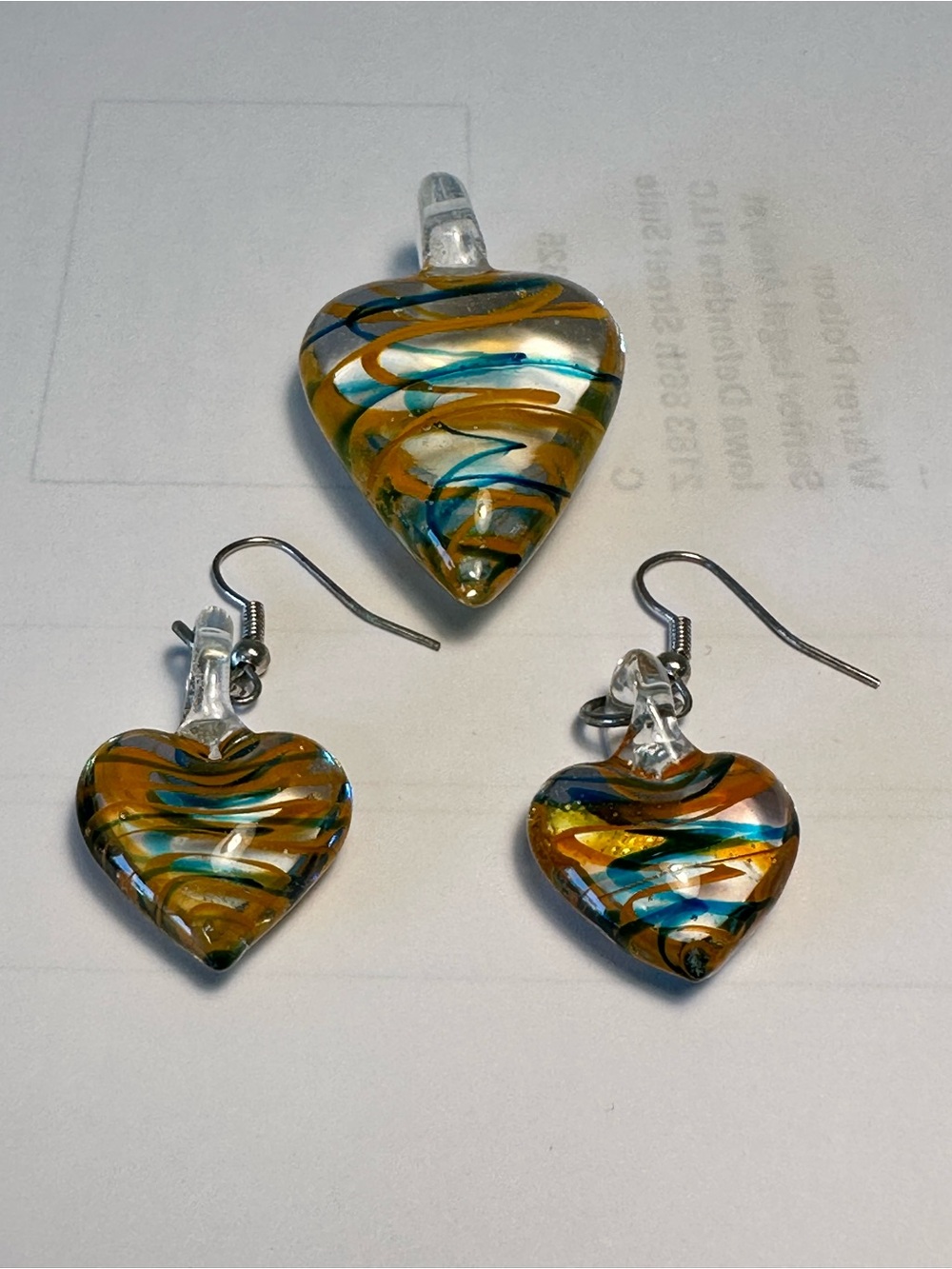 Heart Glass Pendant and Earring Set in Amber and Blue - Unbranded